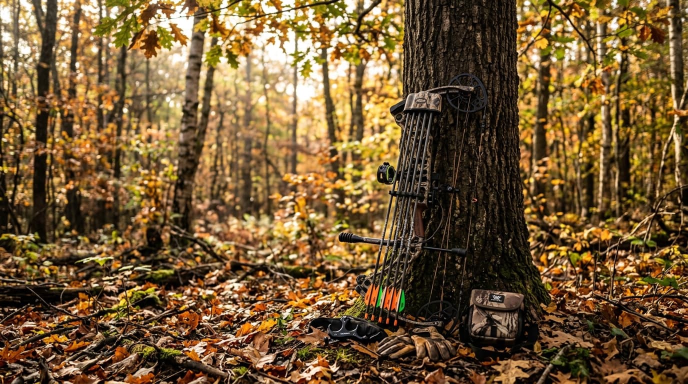 Bowhunter drawing back in a Nebraska treestand at dawn