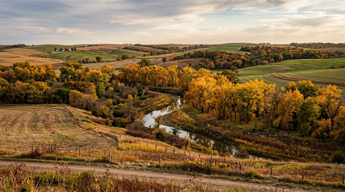 Rolling hills and farmland near Broken Bow Nebraska hunting area
