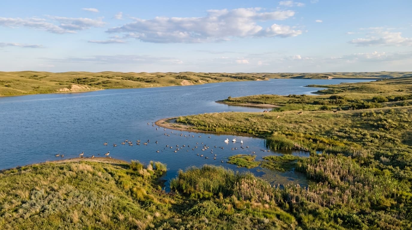 Calamus Reservoir and surrounding grasslands in central Nebraska