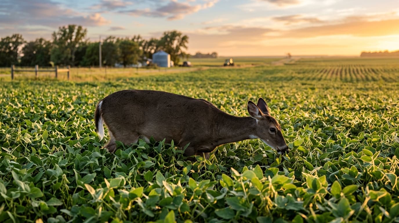 Whitetail deer feeding in a Nebraska soybean field at dusk
