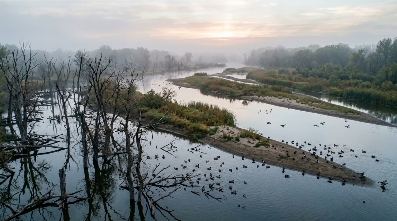 Missouri River bottom timber and agricultural fields at Elk Point Bend WMA