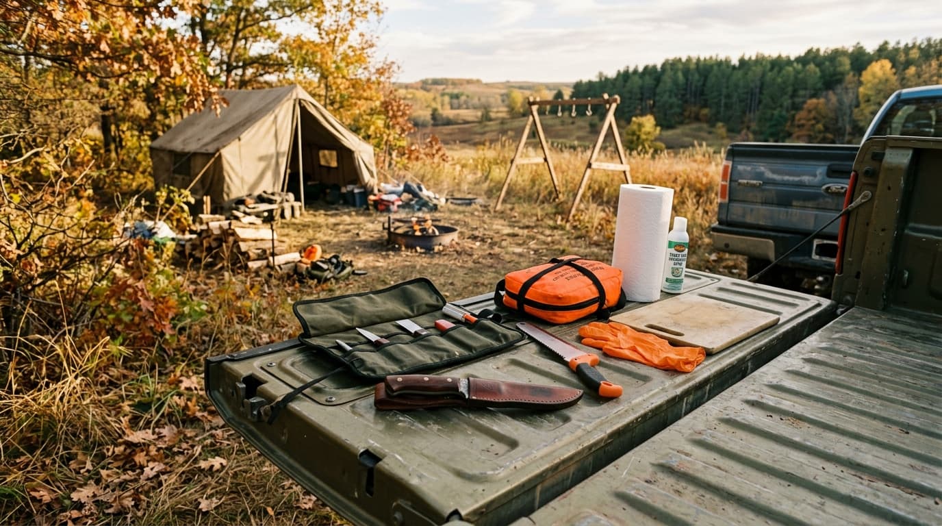Hunter field dressing a whitetail deer in Nebraska timber