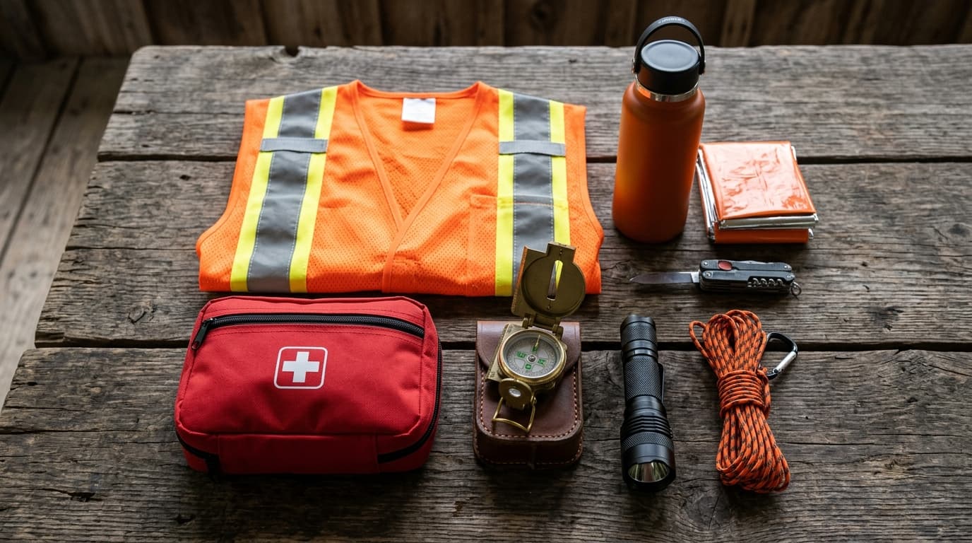 Hunter wearing safety harness in a treestand at dawn