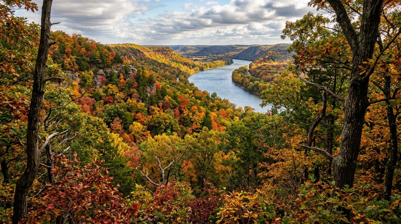Missouri River bluffs and hardwood forest at Indian Cave State Park in southeast Nebraska