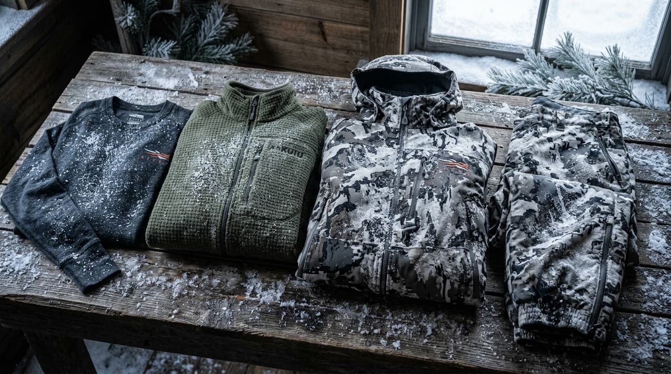 Hunter layered up in cold weather gear in a treestand