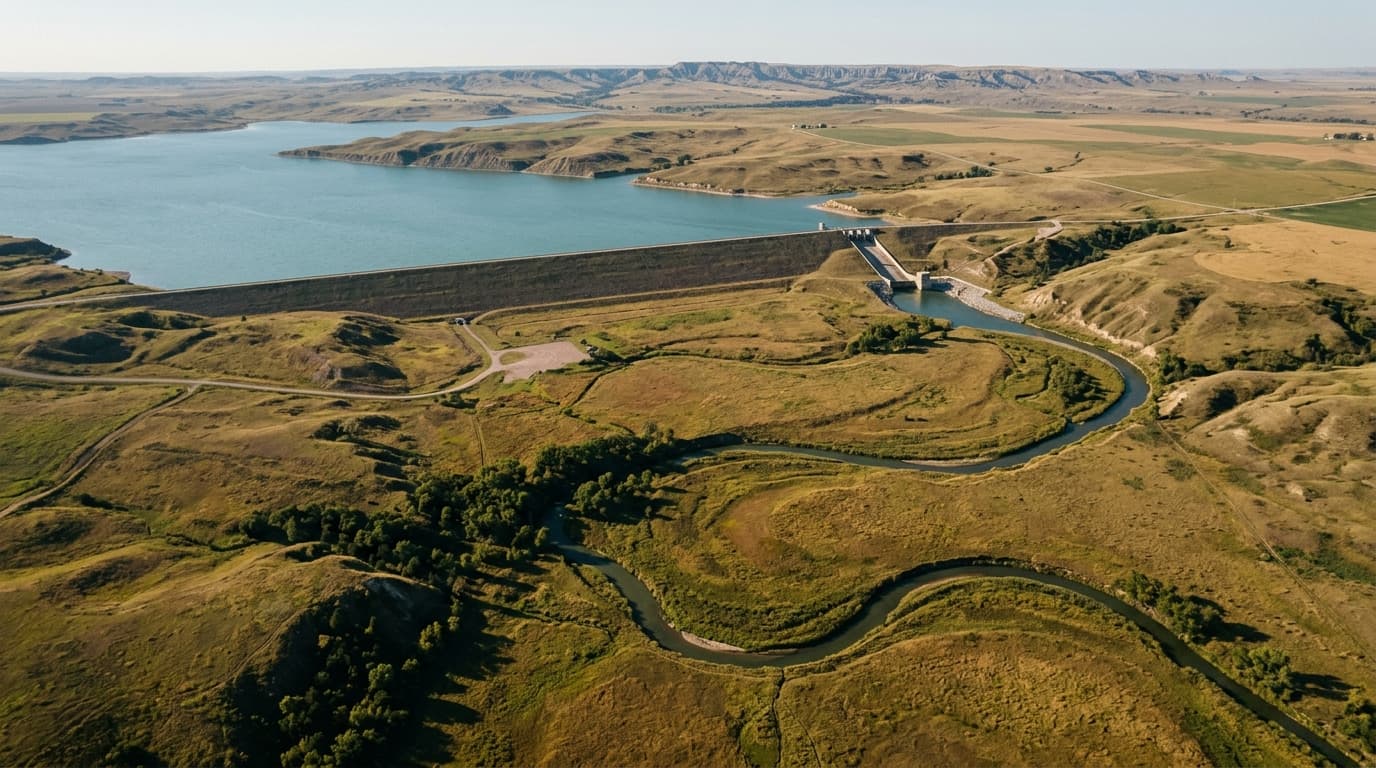 Medicine Creek Reservoir and surrounding grasslands in Frontier County Nebraska