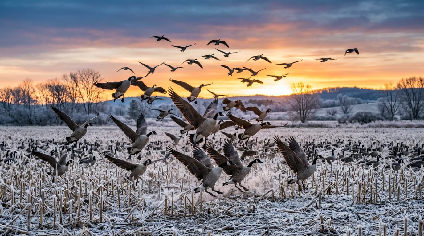 Canada geese locked up and landing in a Nebraska corn stubble field