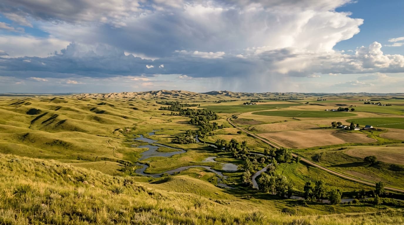 Elkhorn River headwaters and farmland near O'Neill Nebraska