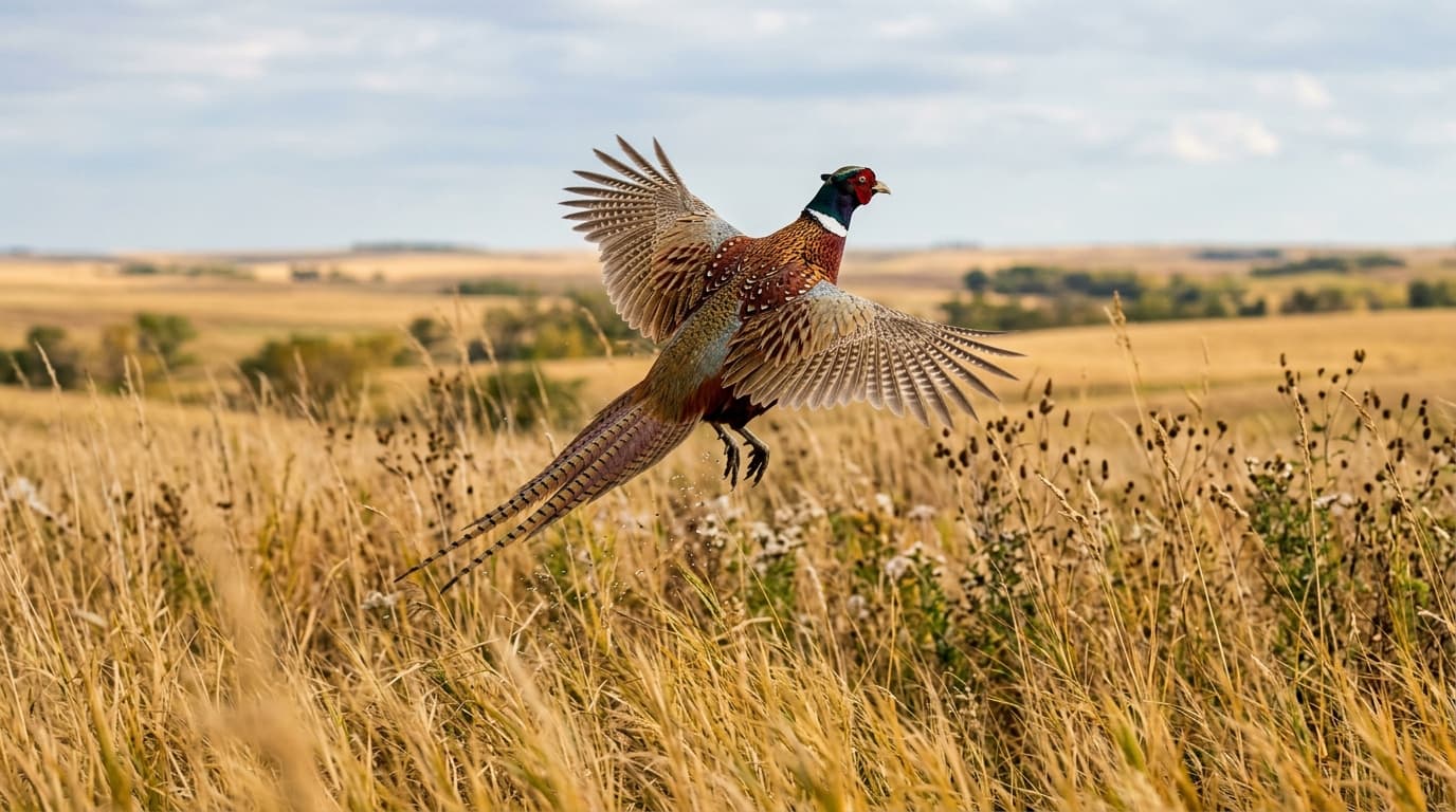 Rooster pheasant flushing from CRP grass in southwest Nebraska