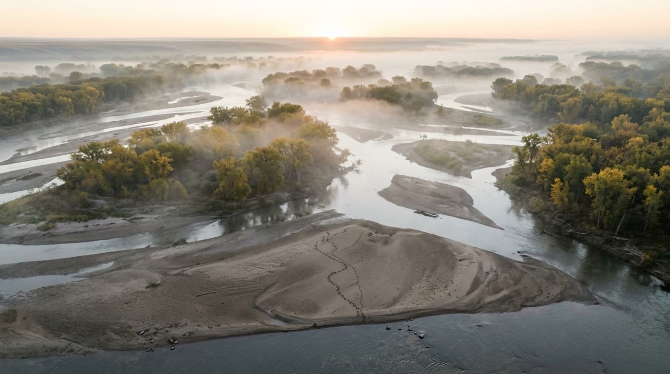 Thick cottonwood bottoms and river channels along the Platte River in central Nebraska