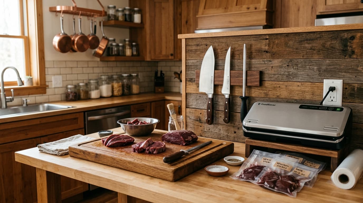 Venison steaks and ground meat vacuum sealed on a butcher table