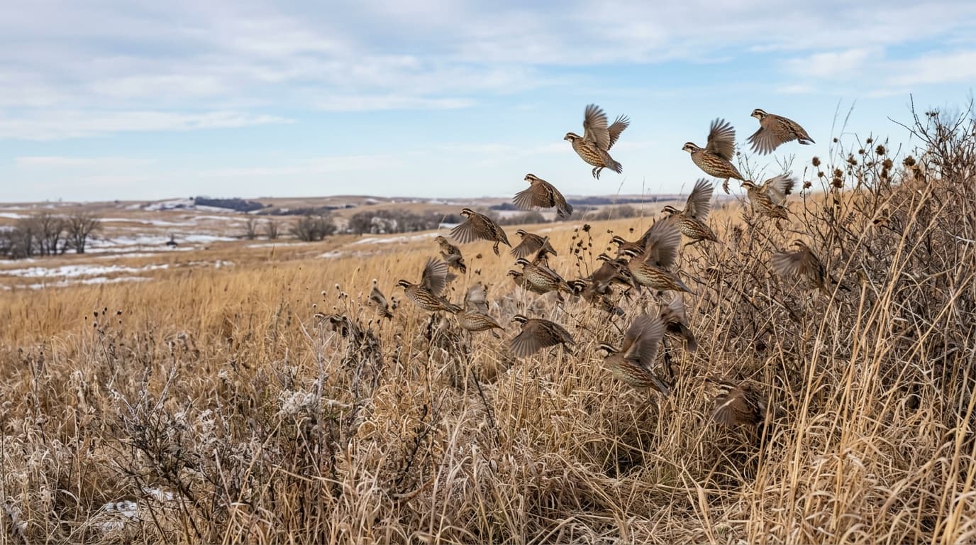 Bobwhite quail covey rising from grass edge in southeast Nebraska