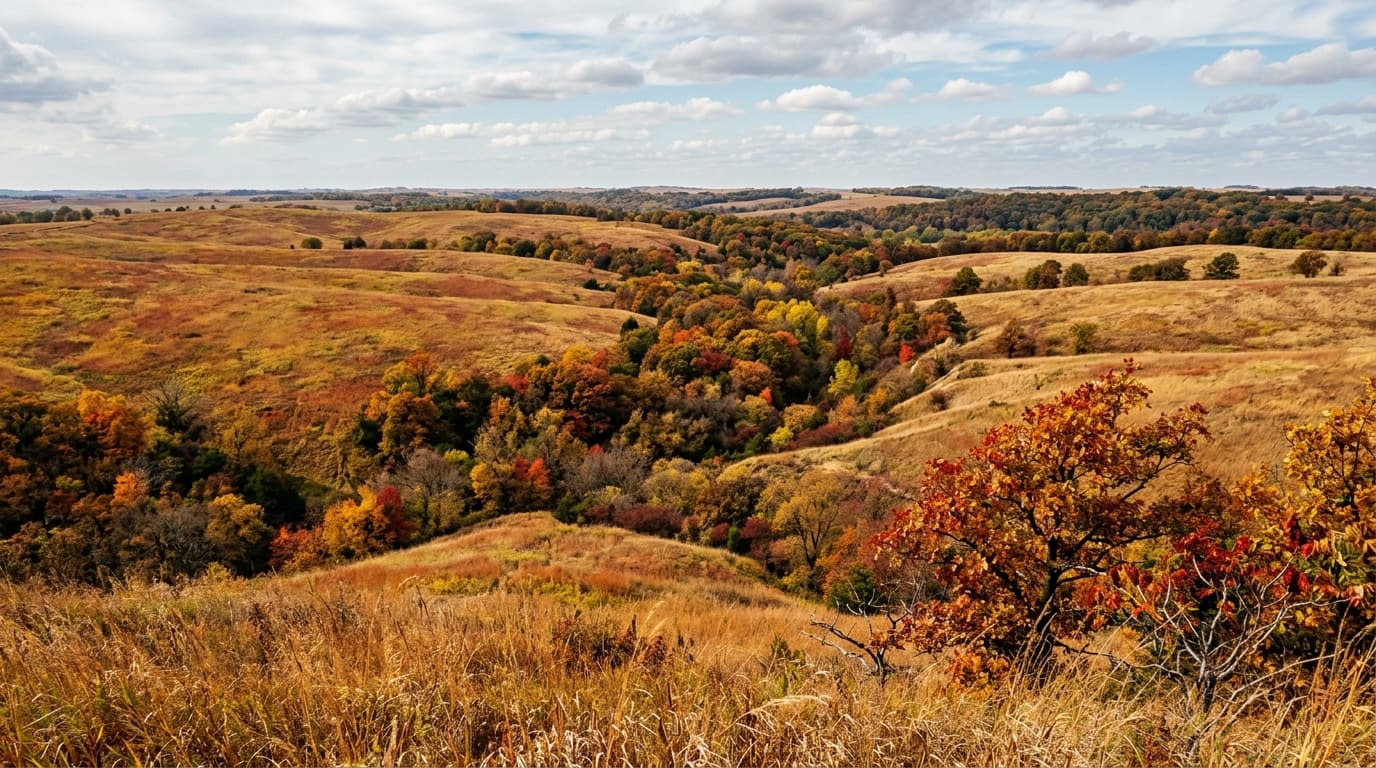 Rolling prairie and timber draws at Rock Glen WMA near Fairbury in Jefferson County Nebraska