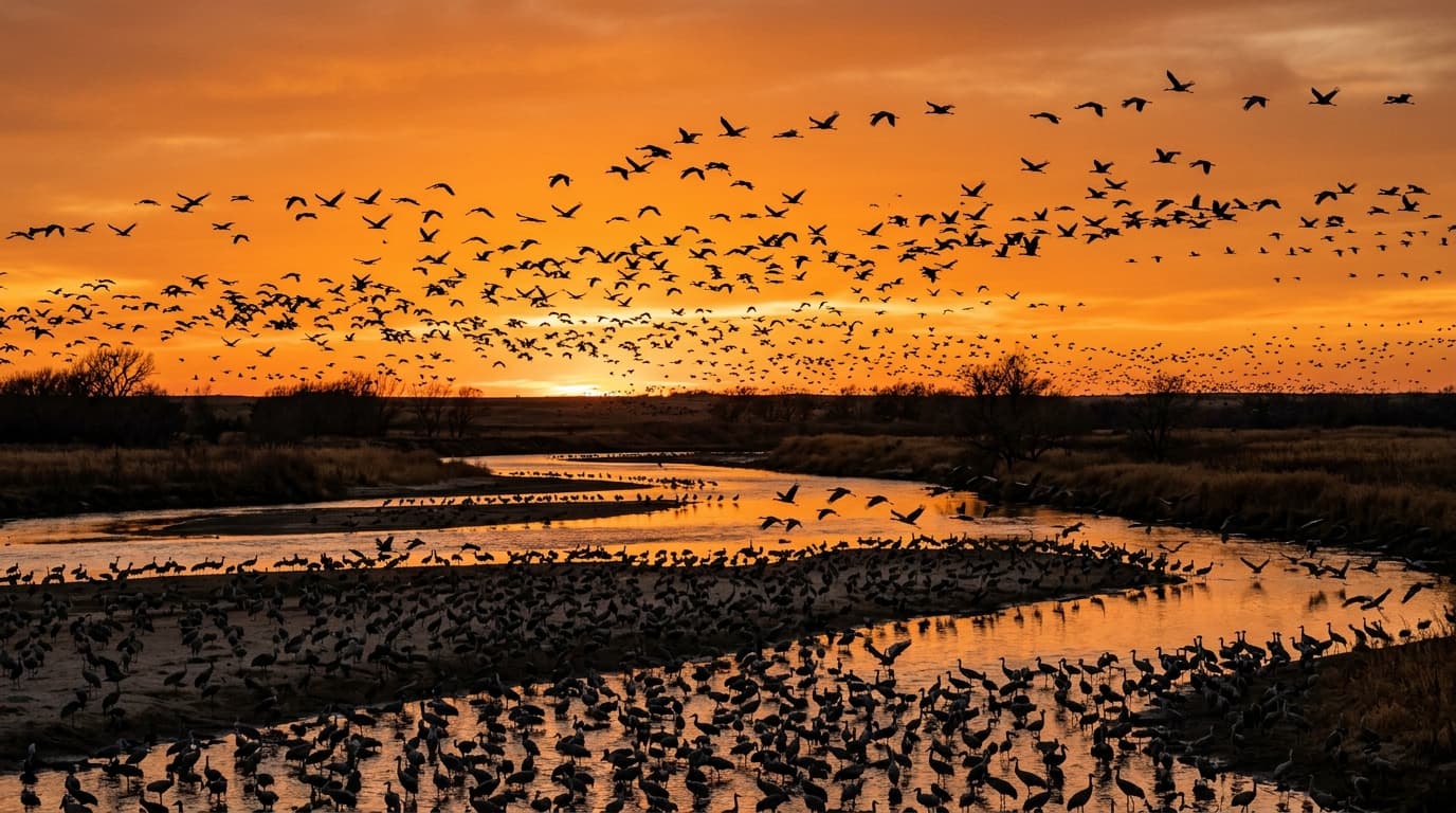 Sandhill cranes in flight over a Nebraska cornfield at dawn