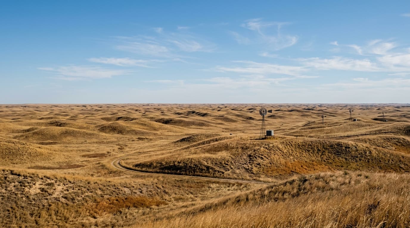 Nebraska sunset over agricultural fields with deer silhouettes