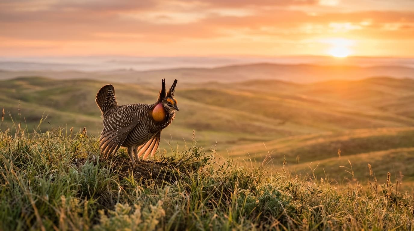 Sharp-tailed grouse in flight over Nebraska Sandhills grass dunes