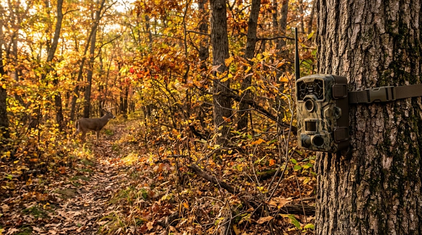 Trail camera mounted on tree overlooking a deer trail