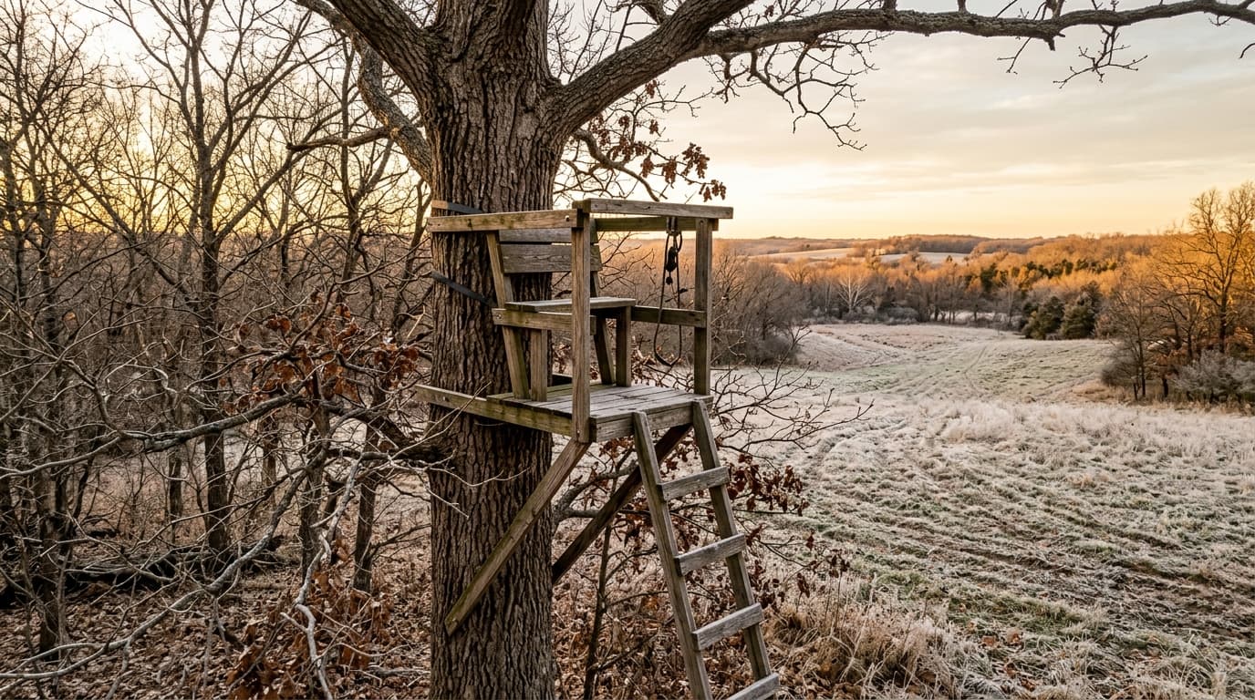 Tree stand overlooking a Nebraska creek bottom trail crossing