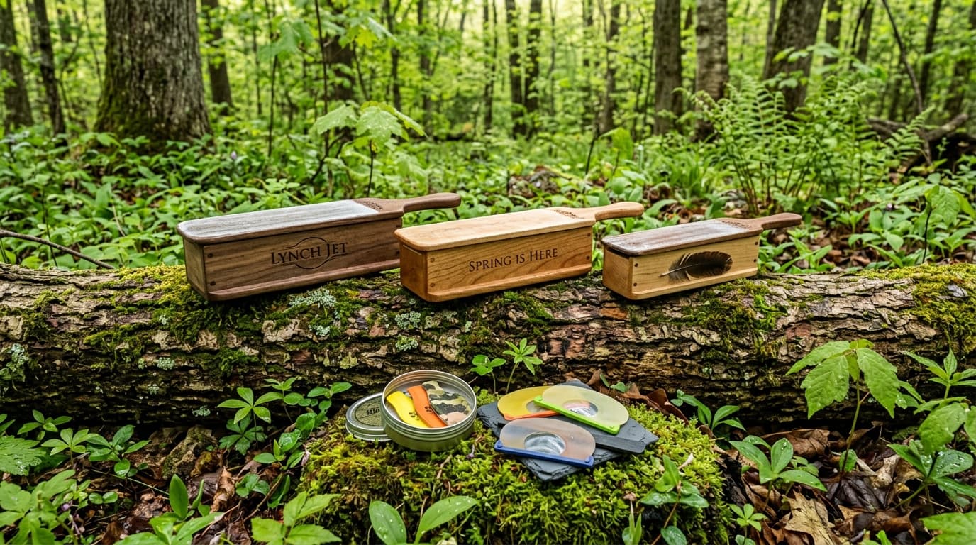 Turkey hunter using a box call in a Nebraska field blind