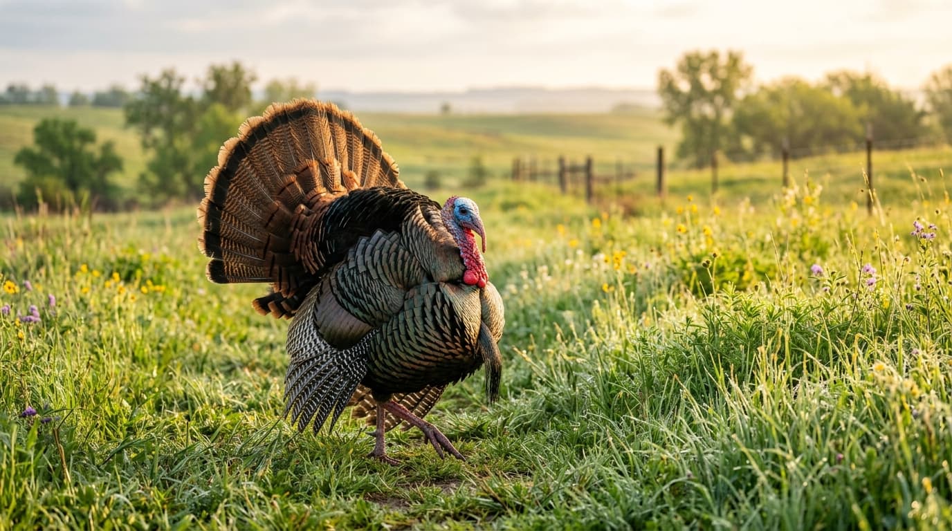Wild turkey gobbler strutting in a Nebraska hay meadow at sunrise