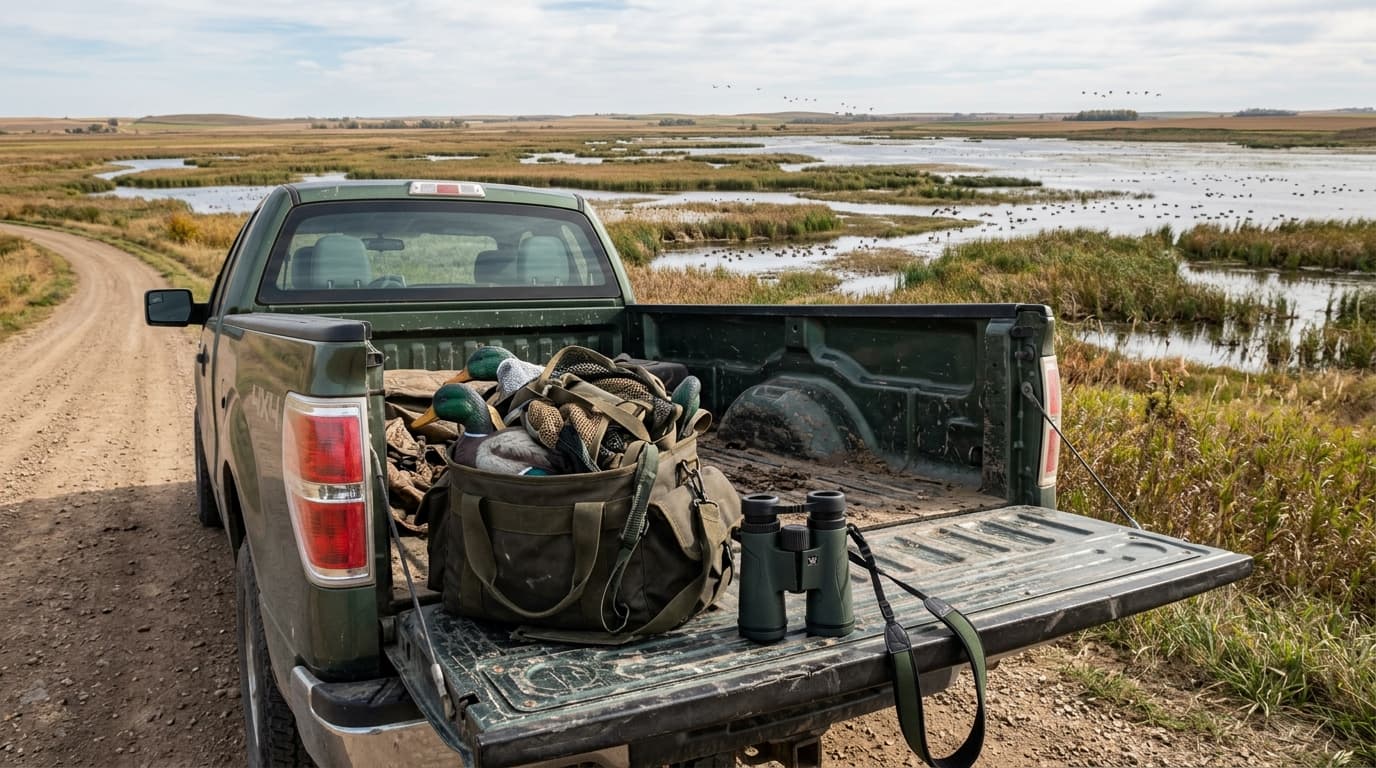 Hunter glassing a Nebraska wetland at sunset scouting for ducks